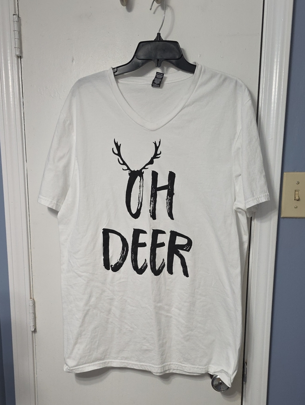District White V-Neck Tee with Black "Oh Deer" Graphic